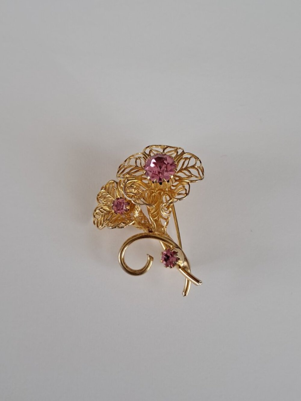 Vintage Pink Rhinestone Flower Brooch Openwork Filigree MCM Gold Tone